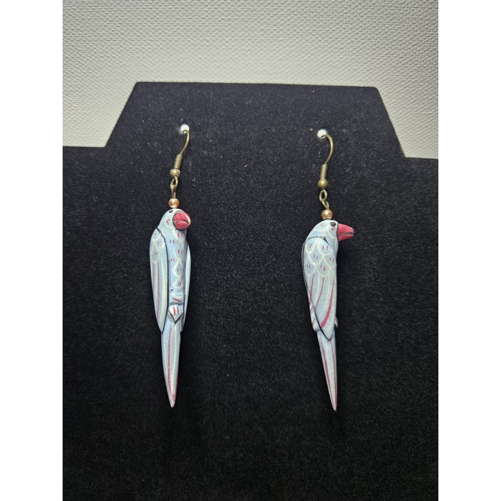 Hand Painted Wooden Parrot Dangle Earrings Cottagecore Folk Art Bird Drop